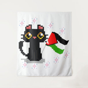 niedliche schwarze Katze hält Palästinenserflagge Wandteppich