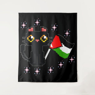 niedliche schwarze Katze hält Palästinenserflagge Wandteppich