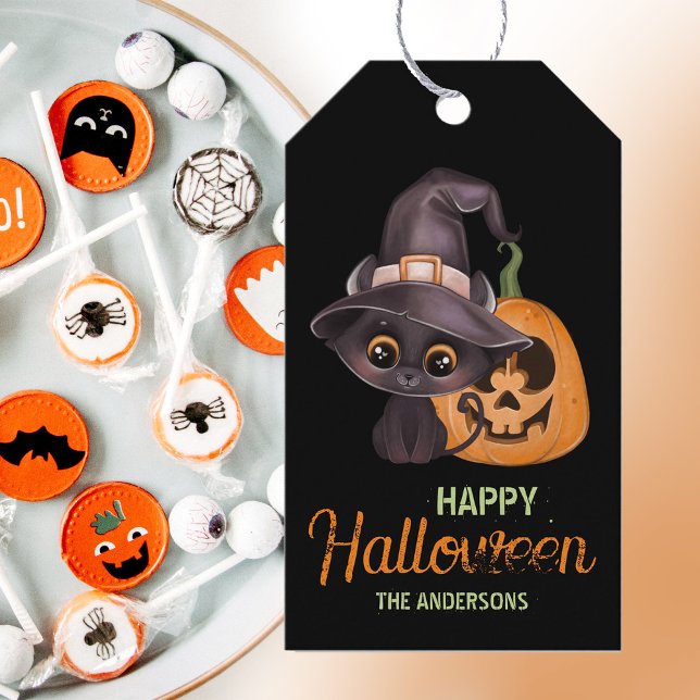 Niedliche schwarze Katze Happy Halloween Kürbis Geschenkanhänger (Von Creator hochgeladen)