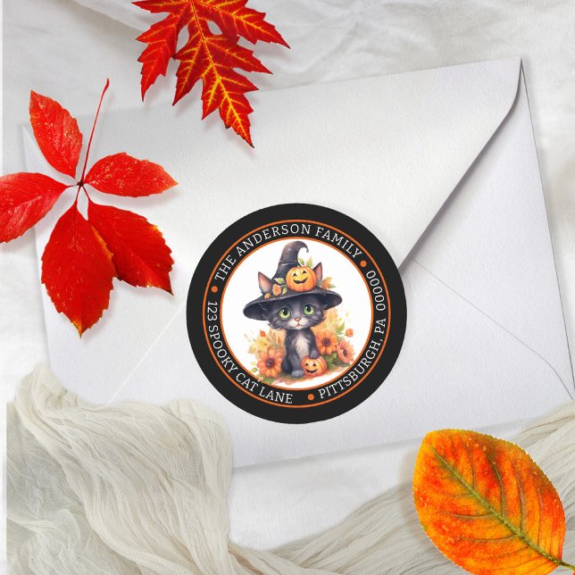 Niedliche Schwarze Katze | Hexenmeisterliche Rücks Runder Aufkleber (Witchy is the word with a cute cat in a witch hat orange floral design return address envelope seal.)