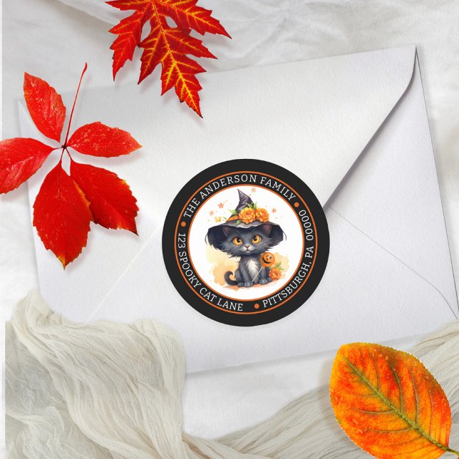 Niedliche Schwarze Katze | Hexenmeisterliche Rücks Runder Aufkleber (Cute Black Cat in a Witches Hat Circle Return Address Envelope Seal Classic Round Sticker)