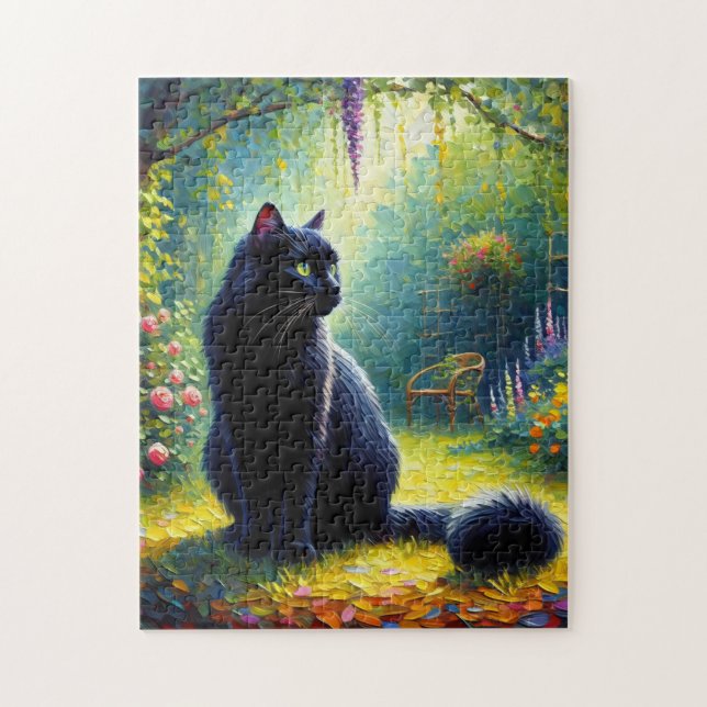 Niedliche Schwarze Katze im Gartenölgemälde (Vertikal)