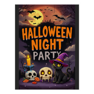 Niedliche Schwarze Katze im Hexenhut Halloween Nig Poster