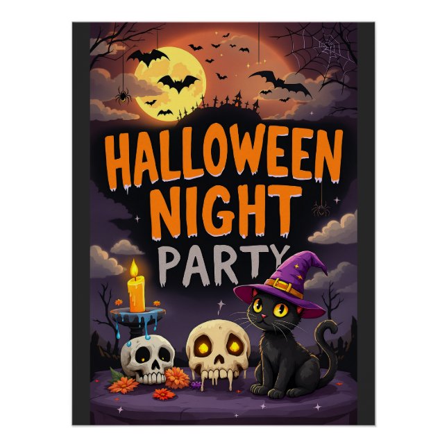 Niedliche Schwarze Katze im Hexenhut Halloween Nig Poster (Vorderseite)