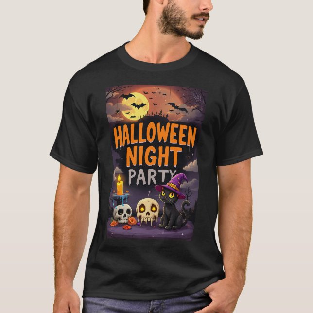 Niedliche Schwarze Katze im Hexenhut Halloween Nig T-Shirt (Vorderseite)