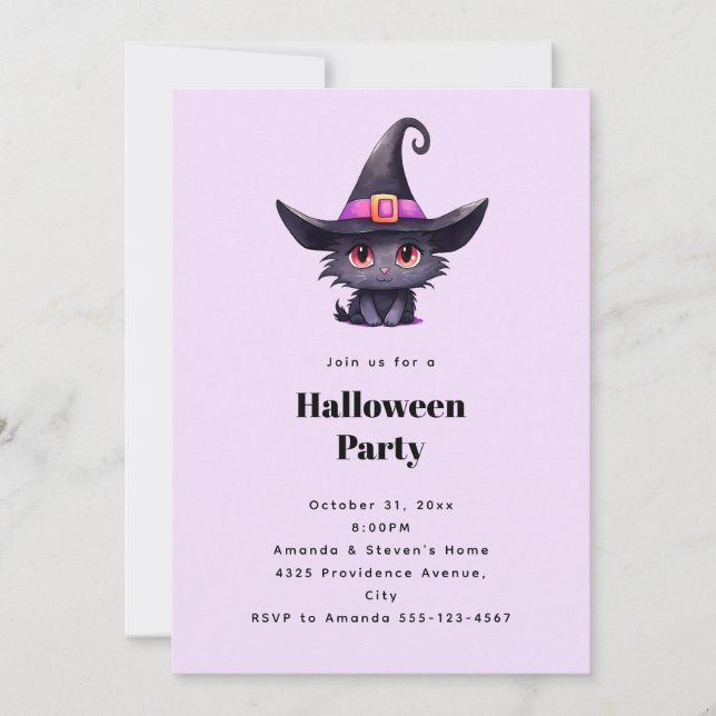 Niedliche schwarze Katze im Hexenhut-Halloween-Par Einladung (Vorderseite)