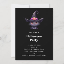 Niedliche schwarze Katze im Hexenhut-Halloween-Par Einladung