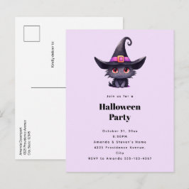 Niedliche schwarze Katze im Hexenhut-Halloween-Par Einladungspostkarte