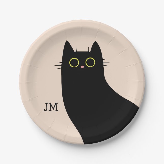 Niedliche schwarze Katze im Stil des Mitteljahrhun Pappteller (Vorderseite)