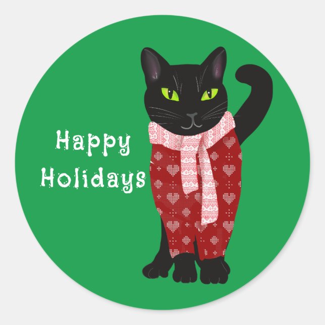 Niedliche Schwarze Katze im Weihnachtskraut Runder Aufkleber (Vorderseite)