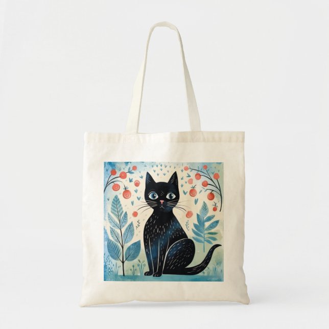 Niedliche schwarze Katze in Coolen Naturtönen Tragetasche (Vorne)