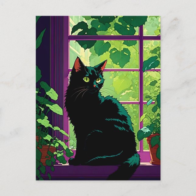 Niedliche schwarze Katze in einem Fenster Postkarte (Vorderseite)
