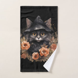 Niedliche schwarze Katze in einem Hexenhut Badhandtuch Set