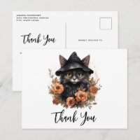 Niedliche schwarze Katze in einem Hexenhut Danke