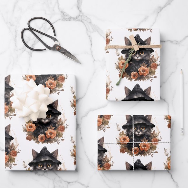 Niedliche schwarze Katze in einem Hexenhut Geschenkpapier Set (Vorderseite)