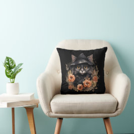 Niedliche schwarze Katze in einem Hexenhut Kissen