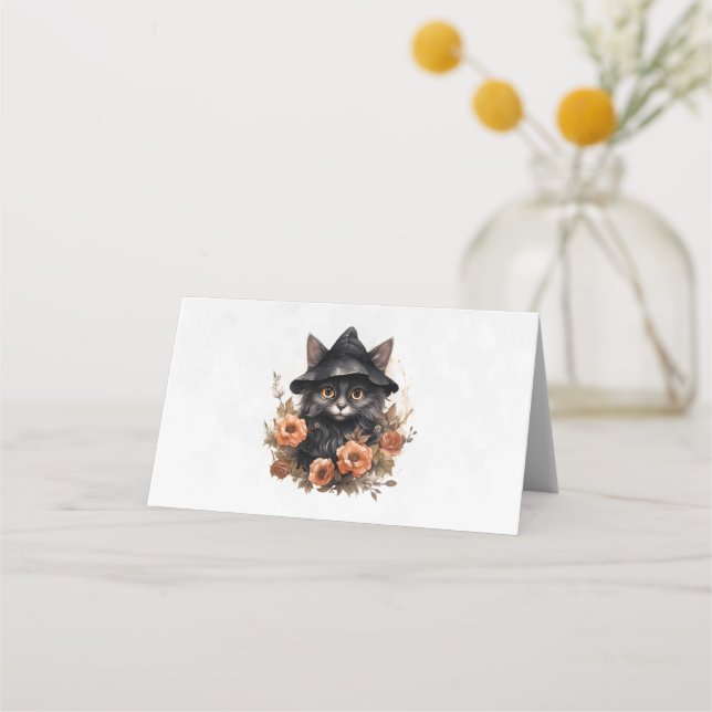 Niedliche schwarze Katze in einem Hexenhut Platzkarte (Vorderseite)