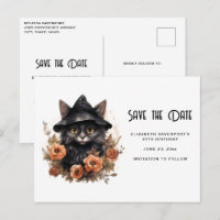 Niedliche schwarze Katze in einem Hexenhut Save th