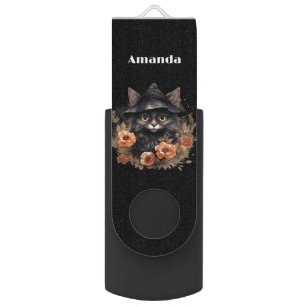 Niedliche schwarze Katze in einem Hexenhut USB Stick