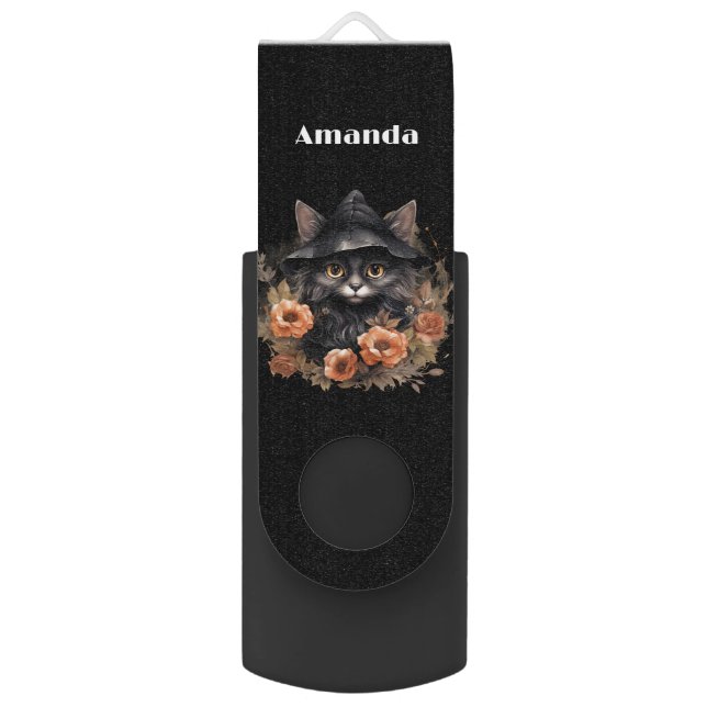Niedliche schwarze Katze in einem Hexenhut USB Stick (Vorderseite Vertikal)