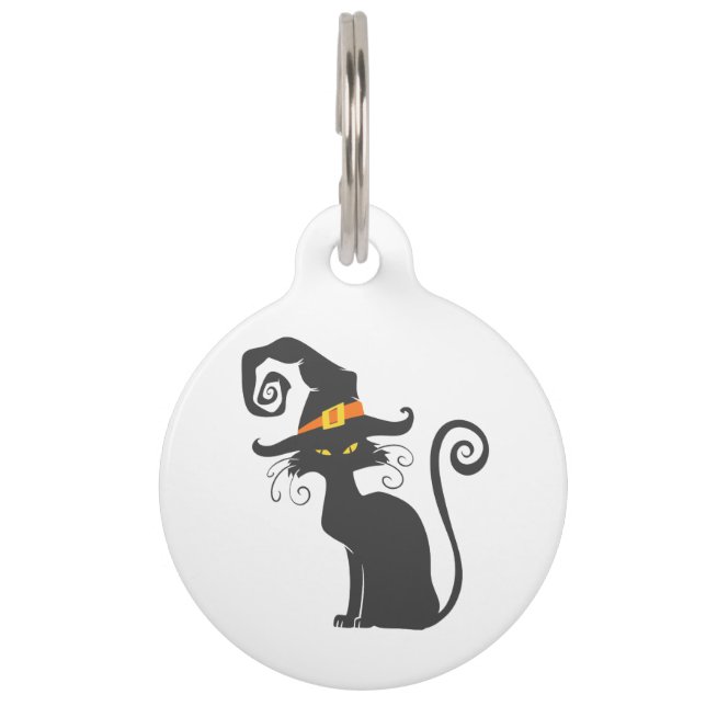 Niedliche schwarze Katze in einem Hexenhut - Wähle Haustiermarke (Vorderseite)