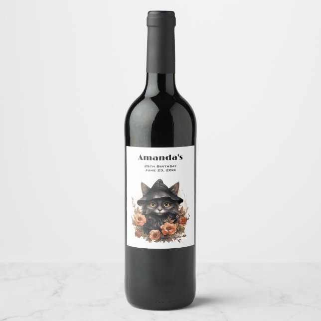 Niedliche schwarze Katze in einem Hexenhut Weinetikett (Vorderseite)