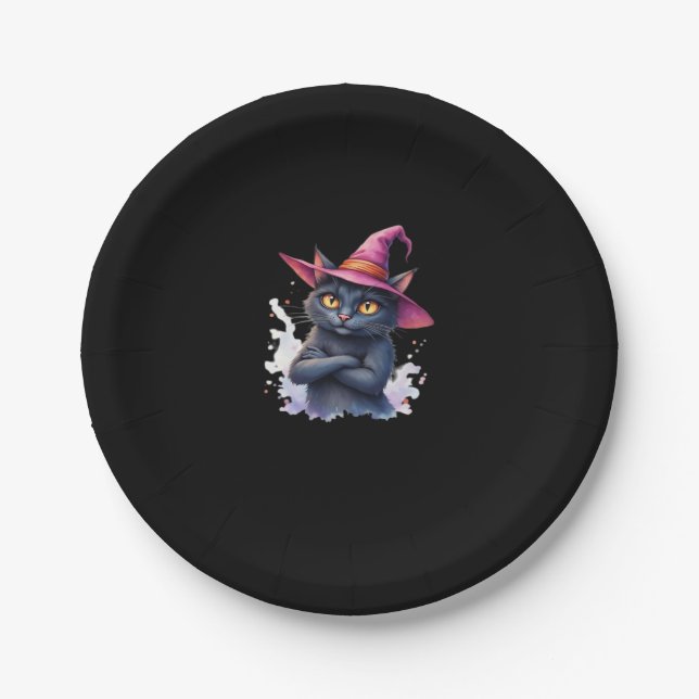 Niedliche schwarze Katze in Hexenhut � magisches H Pappteller (Vorderseite)