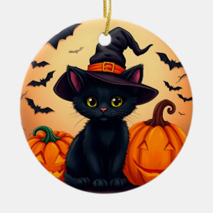 Niedliche schwarze Katze in Hexenhut umgeben von K Keramik Ornament