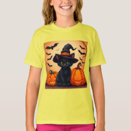 Niedliche schwarze Katze in Hexenhut umgeben von K T-Shirt