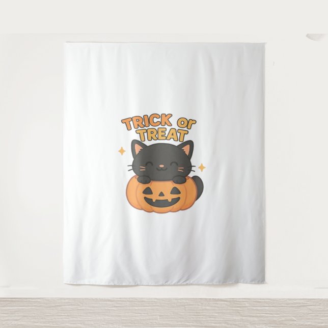 Niedliche Schwarze Katze in Pumpkin - Trick oder T Wandteppich (Vorderseite)