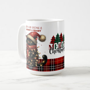 Niedliche schwarze Katze in Weihnachtsbeleuchtung Kaffeetasse