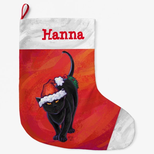 Niedliche Schwarze Katze in Weihnachtsmannmütze au Großer Weihnachtsstrumpf (Vorderseite)