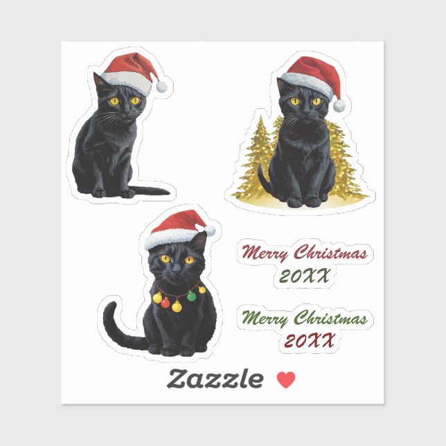 Niedliche Schwarze Katze in Weihnachtsmannmütze Cu Aufkleber (Blatt)