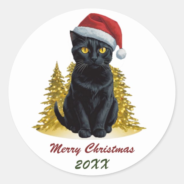 Niedliche Schwarze Katze in Weihnachtsmannmütze Cu Runder Aufkleber (Vorderseite)