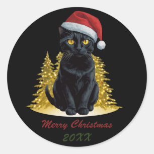 Niedliche Schwarze Katze in Weihnachtsmannmütze Cu Runder Aufkleber