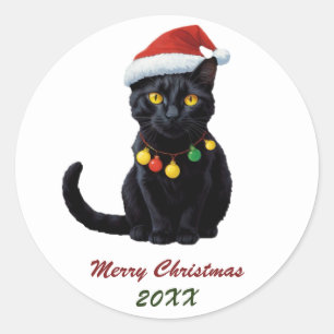 Niedliche Schwarze Katze in Weihnachtsmannmütze Cu Runder Aufkleber