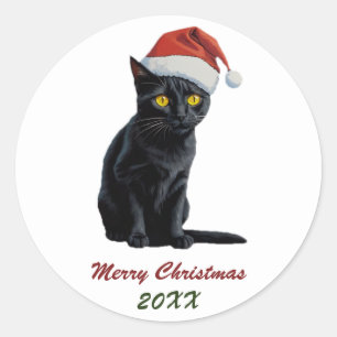 Niedliche Schwarze Katze in Weihnachtsmannmütze Cu Runder Aufkleber