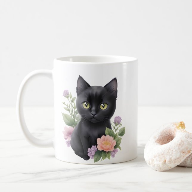 Niedliche schwarze Katze Kaffeetasse (Mit Donut)