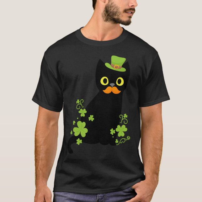Niedliche Schwarze Katze Kleeblatt St Patricks Day T-Shirt (Vorderseite)