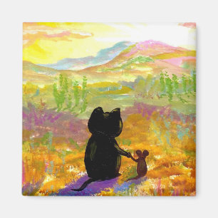 Niedliche Schwarze Katze Maus Sonnenaufgang Wüste Magnet