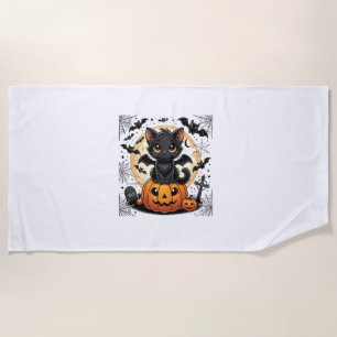 Niedliche schwarze Katze mit Bat Wings Pumpkin Wom Strandtuch