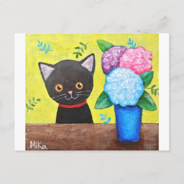 Niedliche Schwarze Katze mit Blume Katzenjunge Kun Postkarte (Vorderseite)