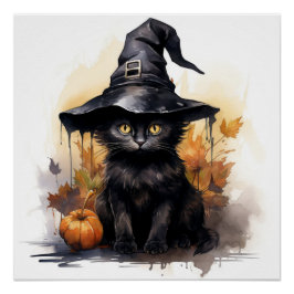 Niedliche schwarze Katze mit einem Big Black Hat Poster