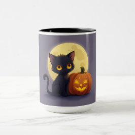 Niedliche schwarze Katze mit glühender Kürbis Tasse