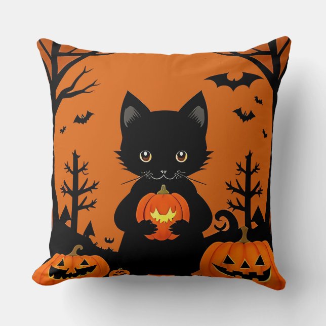 Niedliche Schwarze Katze mit Halloween-Kürbis Kissen (Vorderseite)