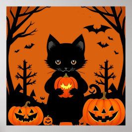 Niedliche Schwarze Katze mit Halloween-Kürbis Poster