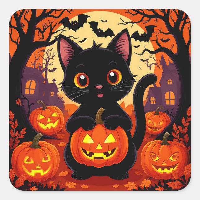 Niedliche Schwarze Katze mit Halloween-Kürbis Quadratischer Aufkleber (Vorderseite)