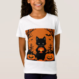 Niedliche Schwarze Katze mit Halloween-Kürbis T-Shirt