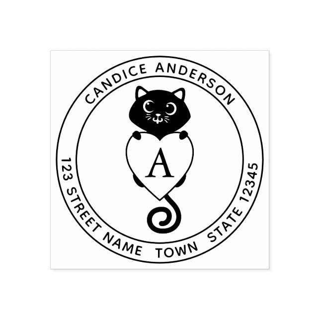 Niedliche schwarze Katze mit Herzmonogramm Gummistempel (Prägung)
