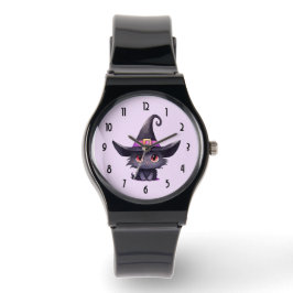Niedliche schwarze Katze mit Hexenhut Armbanduhr